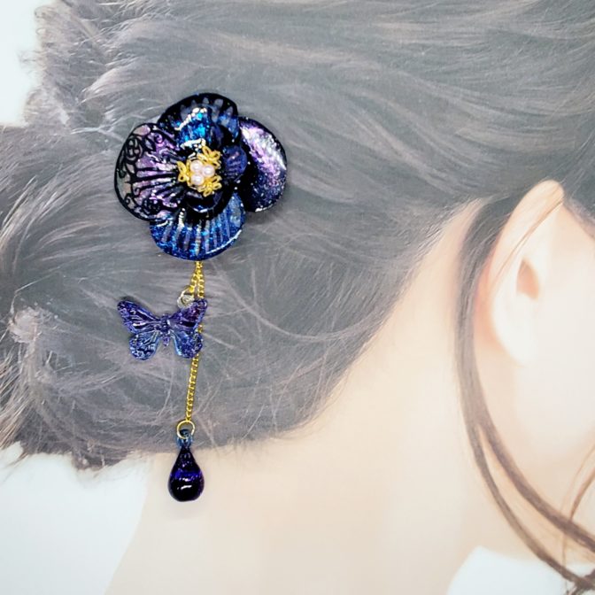 切り絵花簪ブルー着画