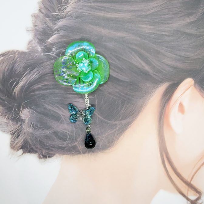 切り絵花簪グリーン着画